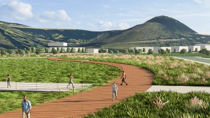 a visualisation of a path beside green fields