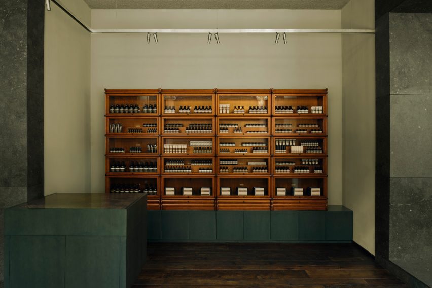 Historic woodens shelves in Aesop store