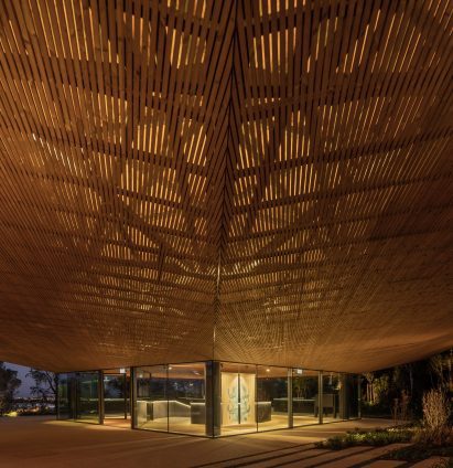 Underside view of wooden roof