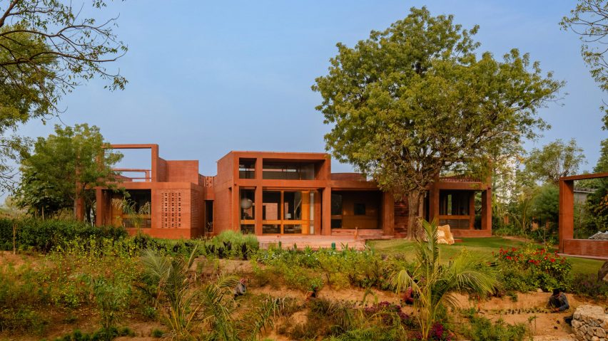 Exterior of concrete and brick villa in India