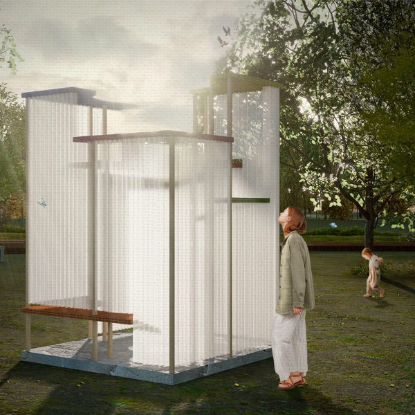 a visualisation of a rectangular sculpture in a green field