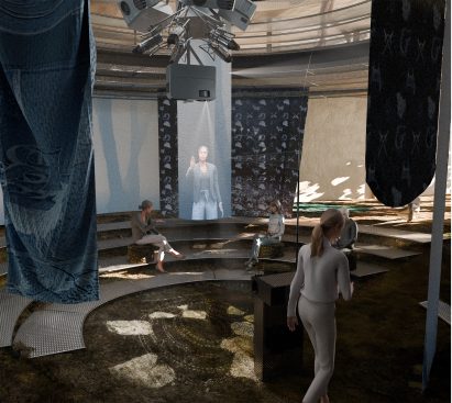 a visualisation of an interior in tones of black, blue and brown