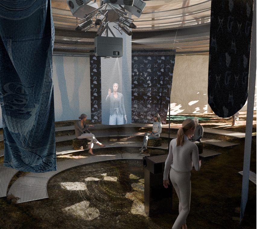 a visualisation of an interior in tones of black, blue and brown