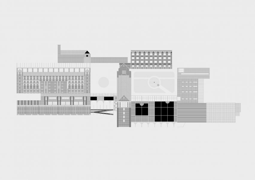 an diagram of a building in tones of grey, black and white