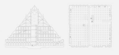 a diagram in tones of black and white of a design for a pyramid