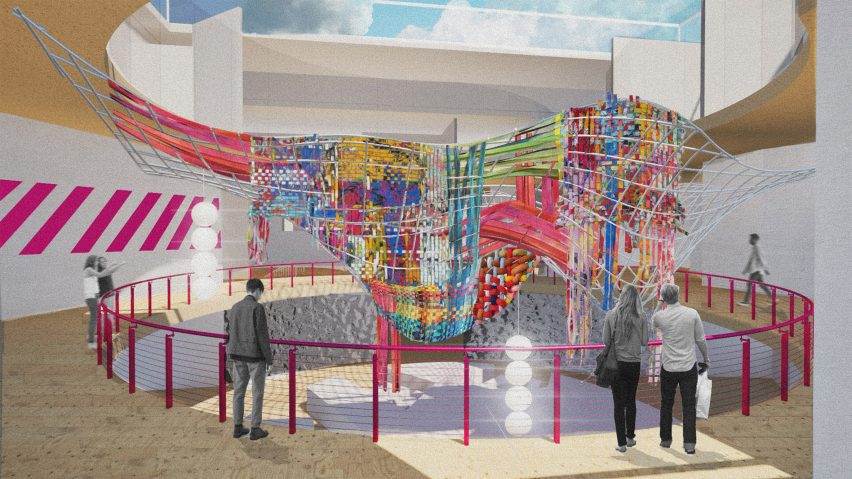 a visualisation of a building in tones of pink, yellow, blue and green