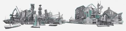 a visualisation of buildings in black and white