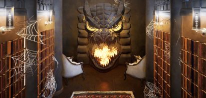 a visualisation of an interior in tones of brown and grey with a dragon-shaped fireplace