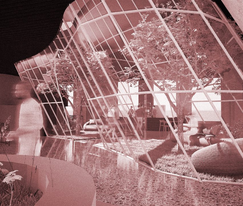 a visualisation of an interior in tones of pink