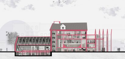 a diagram of a building in tones of pink and grey