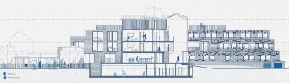 a diagram of a building in tones of blue and white