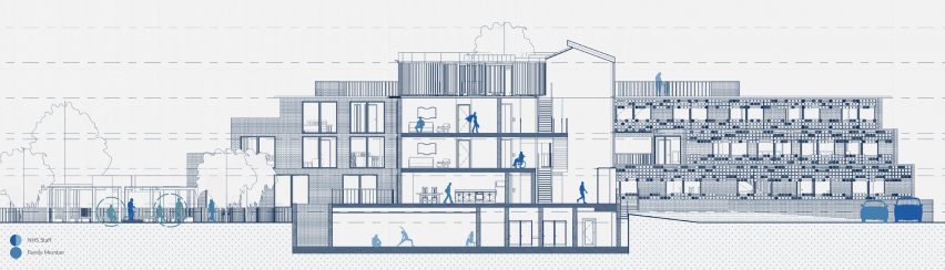 a diagram of a building in tones of blue and white