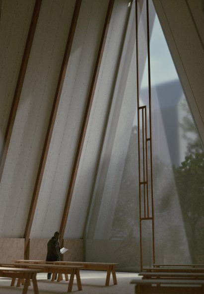 a visualisation of the interior of a building with large ceilings in tones of grey and brown