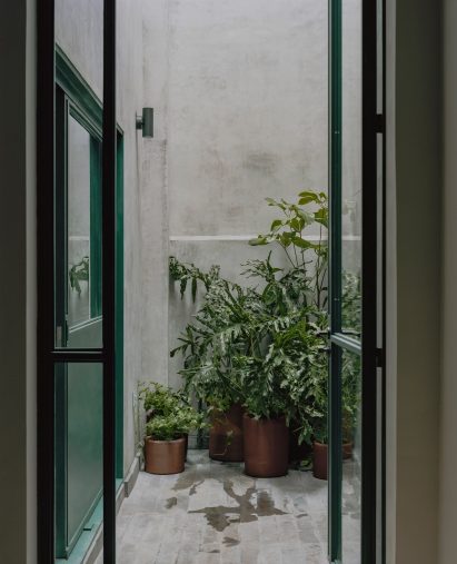 Patio with potted plants seen through an open door