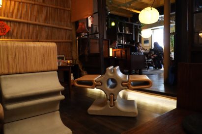 concrete benches in cafe