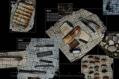 Photo of various material fragments with annotations around them indicating type, size and weight