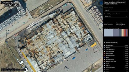 Screenshot of the Circularity on the Edge interface, showing an aerial image of damaged buildings with a sidebar on the right with a material breakdown