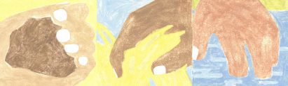 Illustration of hands holding soil, straw and water