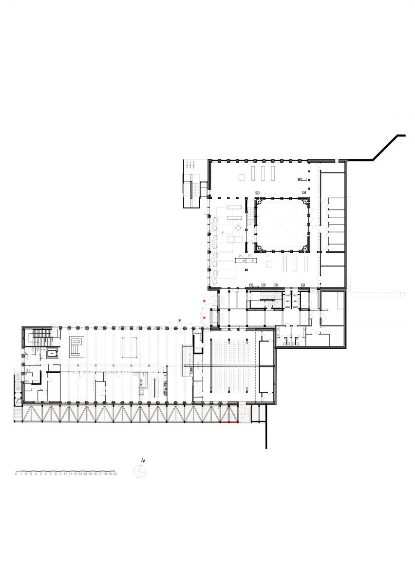 Basement plan at James Baldwin Media Library and Refugee House by Associer
