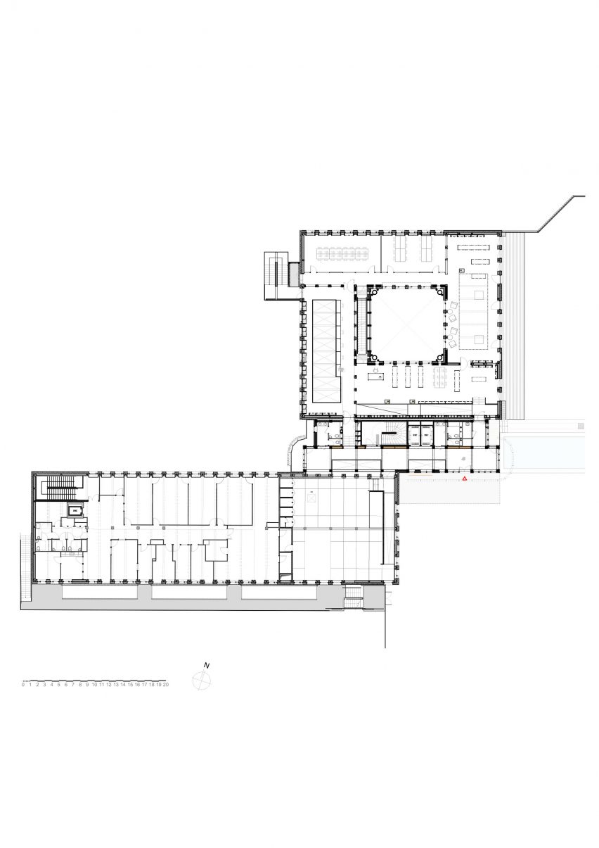 Ground floor plan at James Baldwin Media Library and Refugee House by Associer