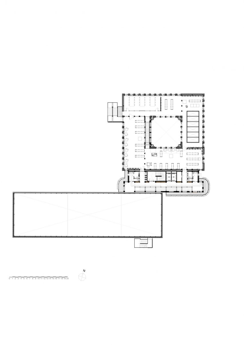 First floor plan at James Baldwin Media Library and Refugee House by Associer