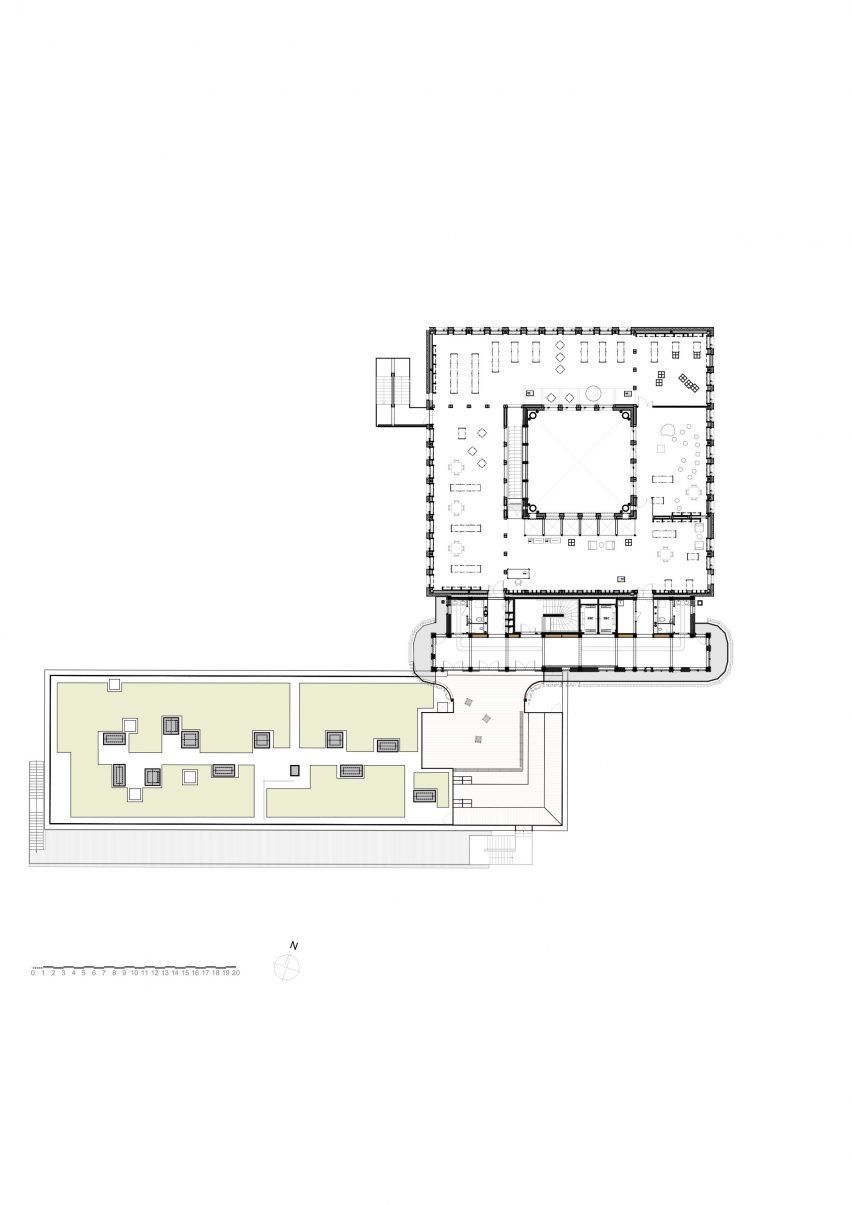 Second floor plan at James Baldwin Media Library and Refugee House by Associer