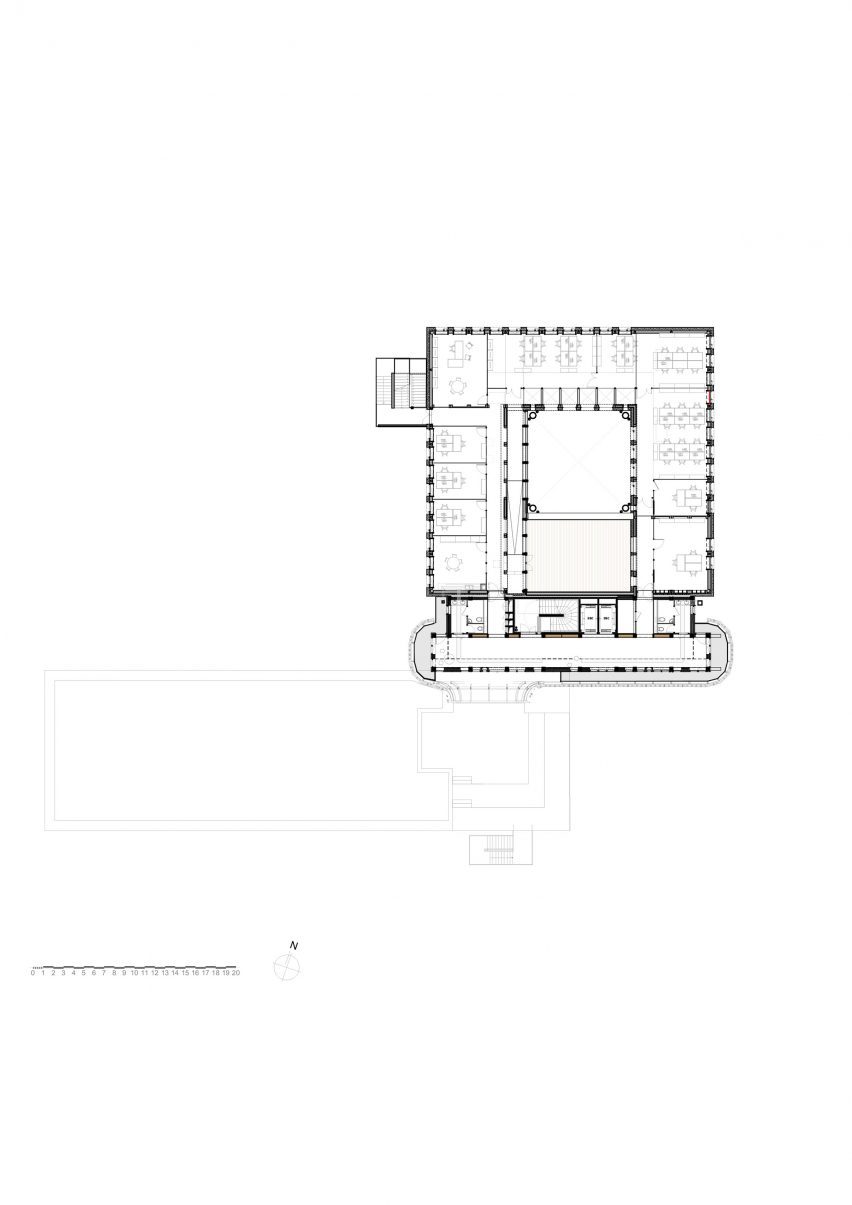 Third floor plan at James Baldwin Media Library and Refugee House by Associer