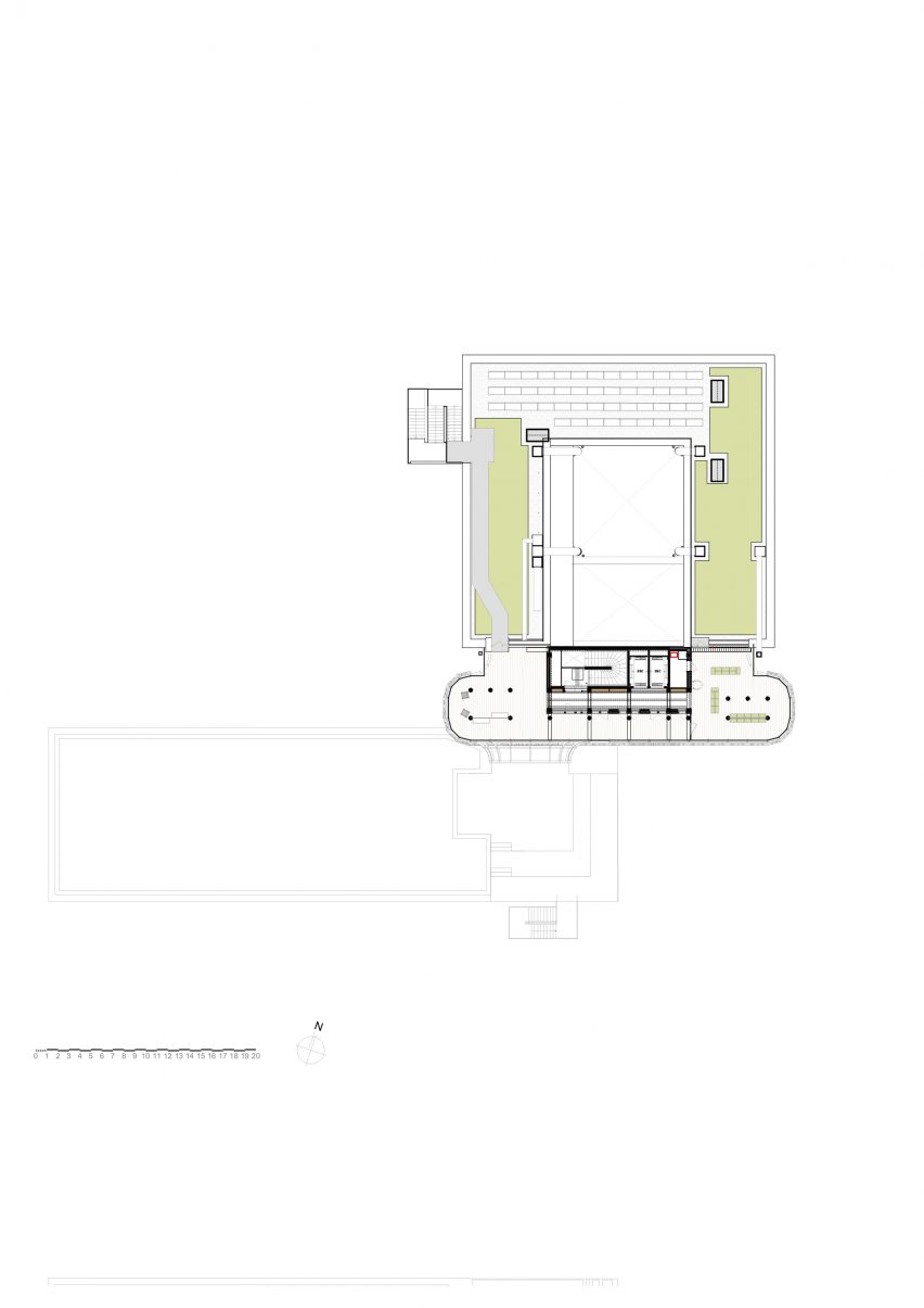 Fourth floor plan at James Baldwin Media Library and Refugee House by Associer