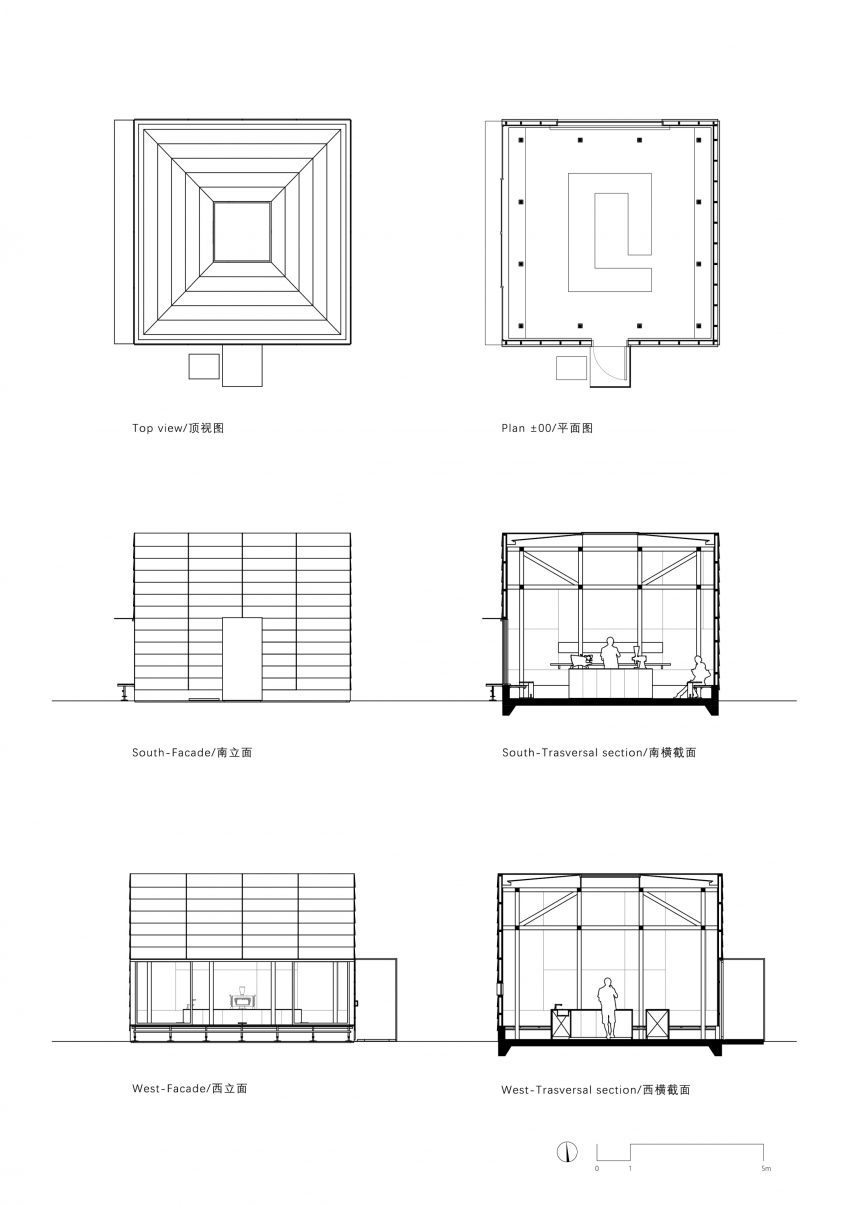 Floor plan, sections and elevations of B131 Cafe at the Brita131 Art Museum by Jiangie Office