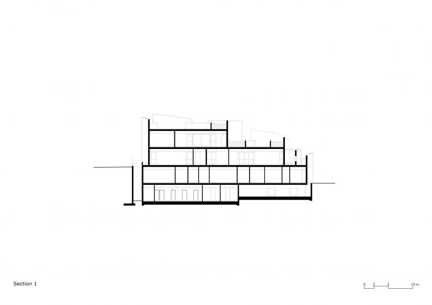 Section drawing of vet hospital in Albania by Davide Macullo Architects