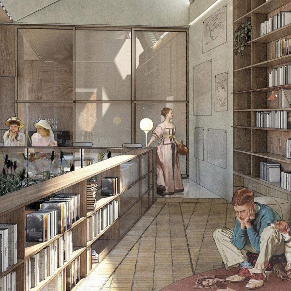 Visualisation showing the interior of a cultural centre populated by people in old fashioned clothing