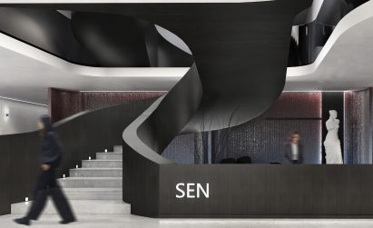 Visualisation showing the interior of a lobby with a large staircase