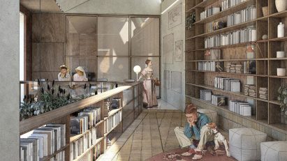 Visualisation showing the interior of a cultural centre populated by people in old fashioned clothing