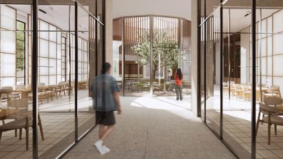 Visualisation showing an interior with a tree in a central atrium