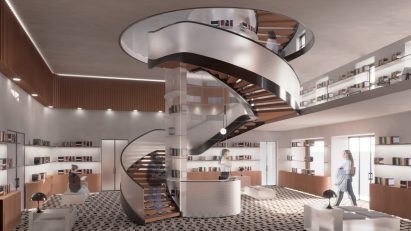 Visualisation showing an interior with a large staircase in the centre