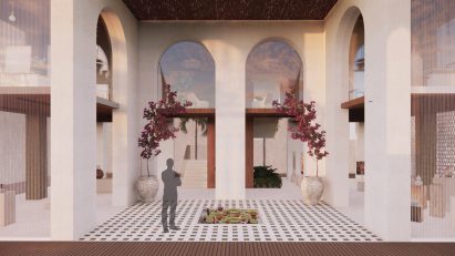 Visualisation showing an interior with a central tiled courtyard