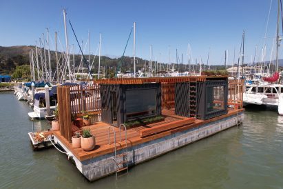 Redwood-clad floating sauna