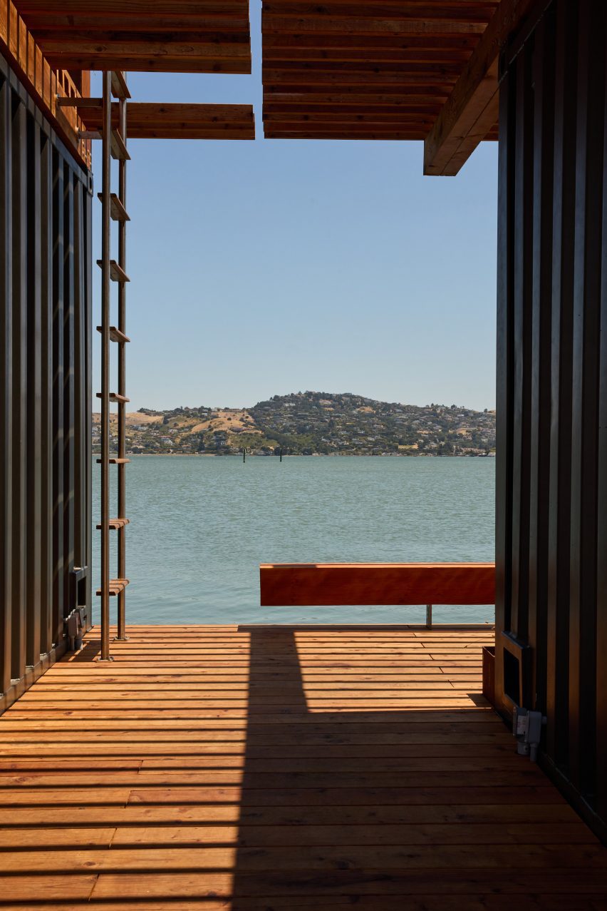 Redwood clad sauna barge in San Francisco Bay