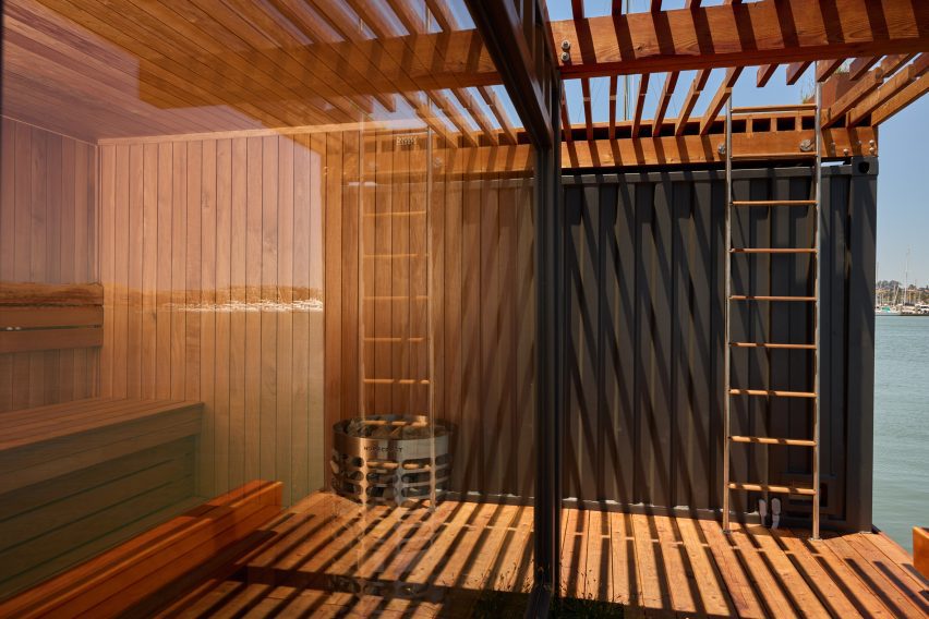 Redwood clad sauna barge in San Francisco Bay