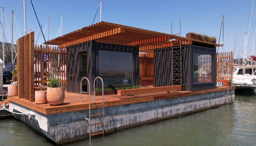 Redwood clad sauna barge in San Francisco Bay