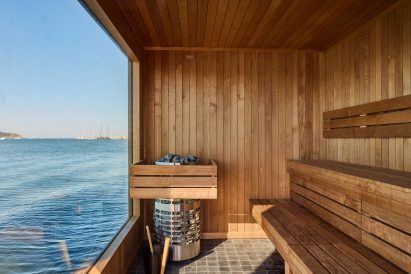 Interior of floating sauna in San Francisco