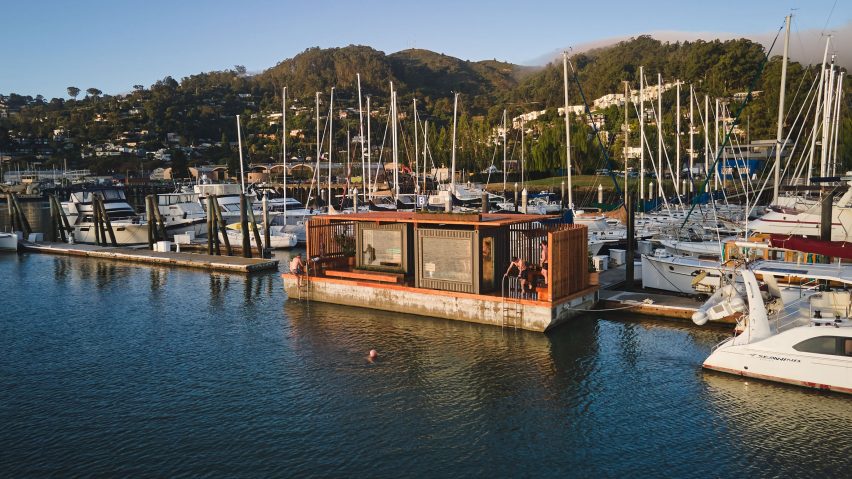 Redwood clad sauna barge in San Francisco Bay