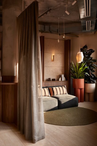 Reading area with curtain in Forum co-working at Sixty-five Dover in Cremorne, Melbourne, by Foolscap Studio