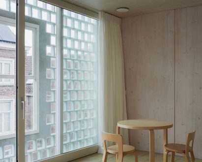 Interior of home with glass-brick wall
