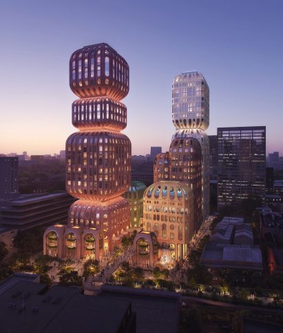 Glowing lantern-like Thai towers