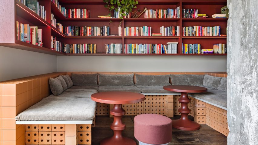 Brick bench in 25hours Hotel Bikini Berlin 2025 renovation by Studio Aisslinger
