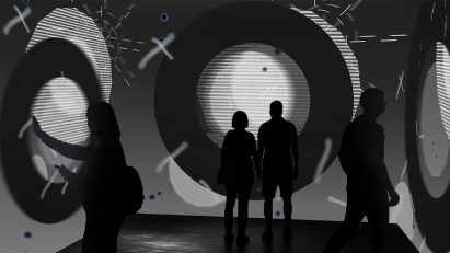 an image showing silhouettes against black and grey patterns