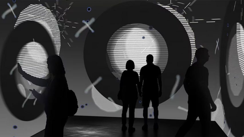 an image showing silhouettes against black and grey patterns
