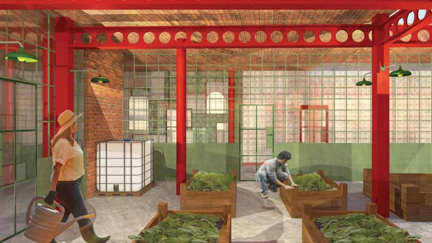 a visualisation of a garden in tones of red and green