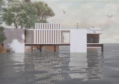 a visualisation of a building in tones of grey and white on water